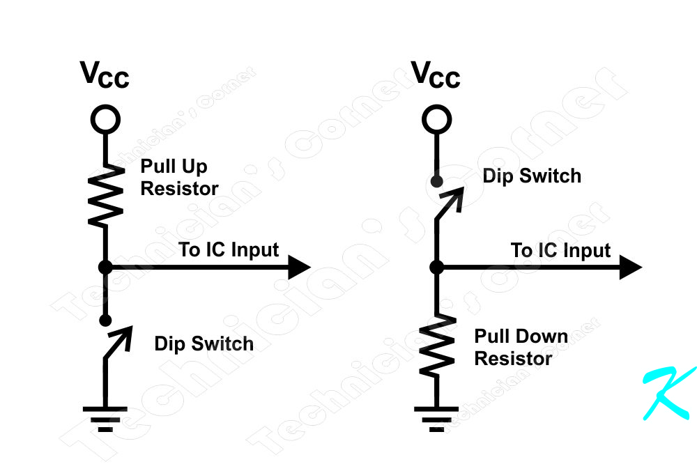 These are circuits showing the wiring for a pull-up and a pull-down resistor. Included with each schematic is the resistor, the IC's input, and the switch.