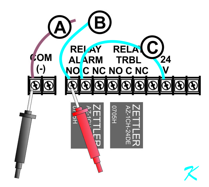 Non-typical fire alarm wiring for a fan shutdown. This circuitry is designed to induce 24 VDC when there is a fire alarm.
