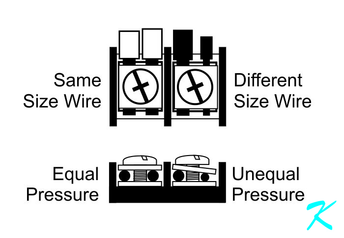 When two different wires of different sizes are under a screw, one wire is tight and one wire is kinda loose.